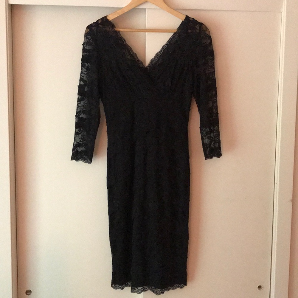 Marina Black Beaded Lace 3/4 Sleeve Dress, Size 4
